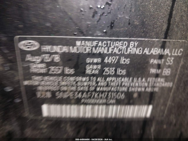 Aukcja sprzedaży 2019 Hyundai Sonata Sel, vin: 5NPE34AF7KH731506, numer aukcji: 44984495