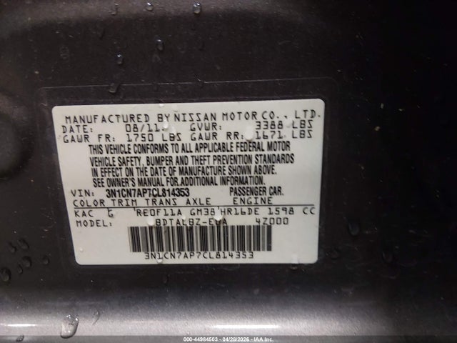 Продаж на аукціоні авто 2012 Nissan Versa 1.6 Sv, vin: 3N1CN7AP7CL814353, номер лоту: 44984503