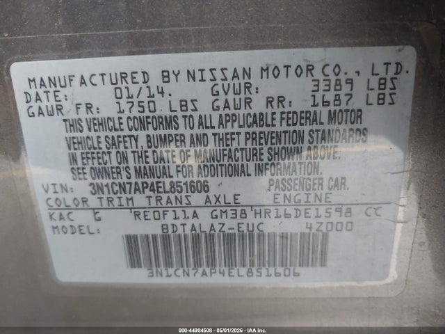 3N1CN7AP4EL851606 Nissan Versa 1.6 S+
