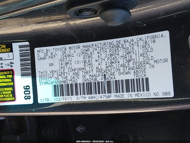 2011 Toyota Tacoma Base V6 მანქანა იყიდება აუქციონზე, vin: 3TMMU4FN5BM027582, აუქციონის ნომერი: 44984524