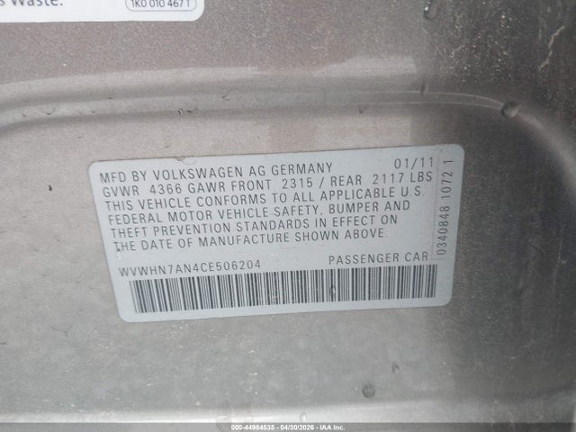 Aukcja sprzedaży 2012 Volkswagen Cc Lux Plus, vin: WVWHN7AN4CE506204, numer aukcji: 44984535