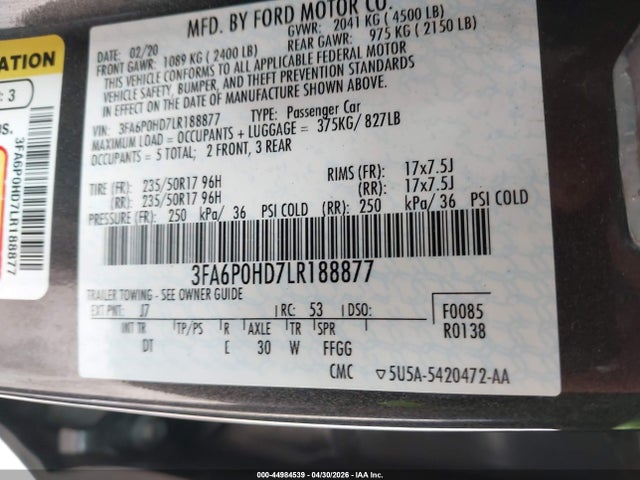 Продажа на аукционе авто 2020 Ford Fusion Se, vin: 3FA6P0HD7LR188877, номер лота: 44984539
