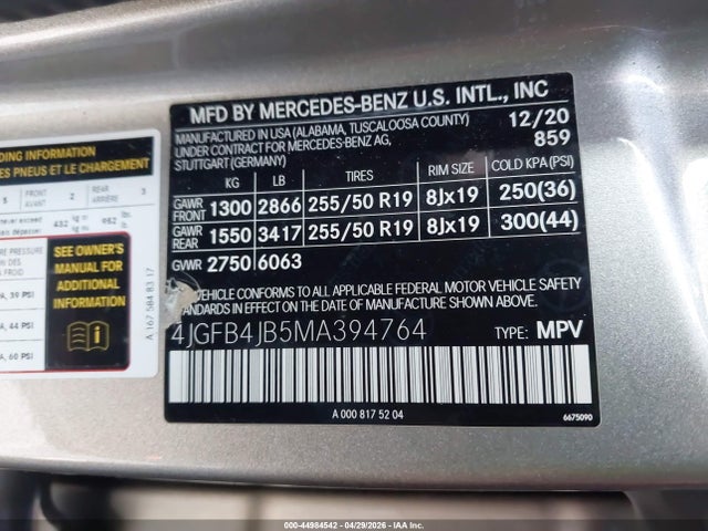4JGFB4JB5MA394764 Mercedes-Benz GLE 350