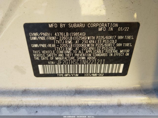 44984548 :رقم المزاد ، JF2GTHSC1NH221211 vin ، 2022 Subaru Crosstrek Sport مزاد بيع
