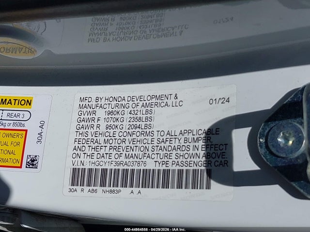 Honda ACCORD EX 2024 1HGCY1F39RA037876 Image 9