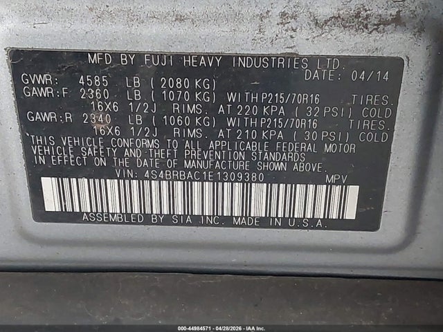 Aukcja sprzedaży 2014 Subaru Outback 2.5i, vin: 4S4BRBAC1E1309380, numer aukcji: 44984571