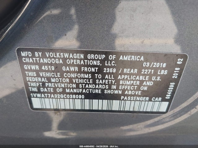 1VWAT7A32GC038090 Volkswagen Passat 1.8t S