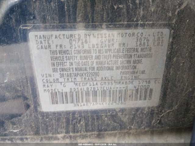 44984602 :رقم المزاد ، 3N1AB7AP4KY229280 vin ، 2019 Nissan Sentra S مزاد بيع
