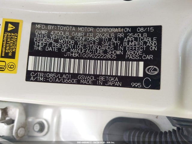 44984612 :رقم المزاد ، JTHBK1GG9G2222805 vin ، 2016 Lexus Es 350 مزاد بيع