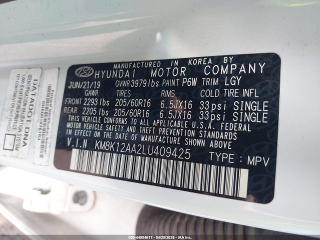 44984617 :رقم المزاد ، KM8K12AA2LU409425 vin ، 2020 Hyundai Kona Se مزاد بيع