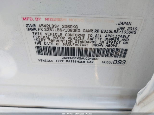 44984624 :رقم المزاد ، JA32W8FV2AU024009 vin ، 2010 Mitsubishi Lancer Evolution Gsr مزاد بيع