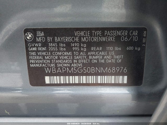 2011 Bmw 335i მანქანა იყიდება აუქციონზე, vin: WBAPM5G50BNM68976, აუქციონის ნომერი: 44984629