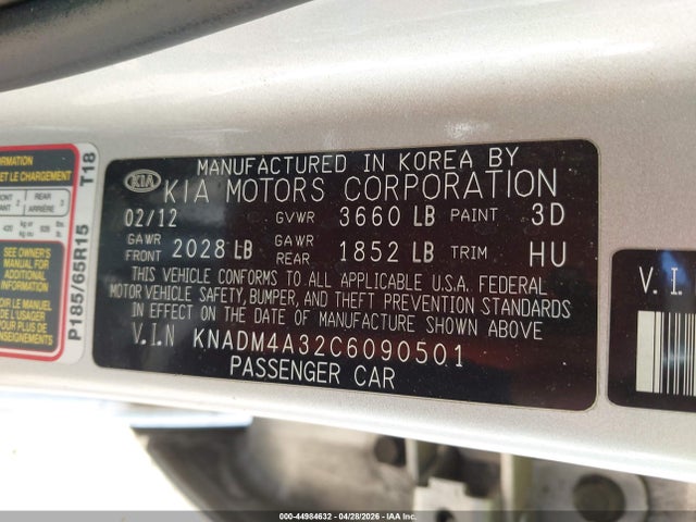 Aukcja sprzedaży 2012 Kia Rio Lx, vin: KNADM4A32C6090501, numer aukcji: 44984632