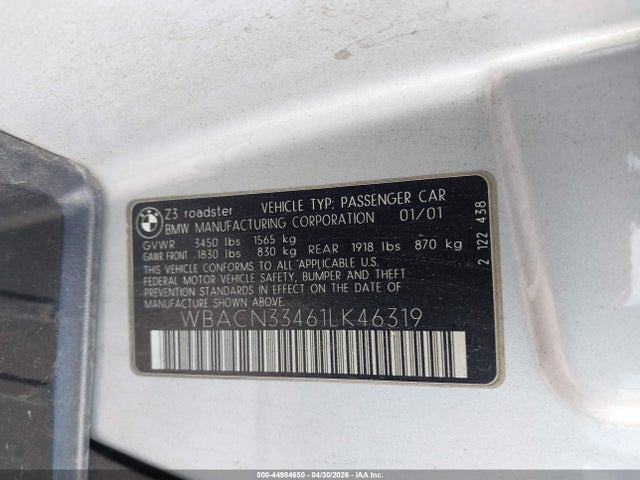 2001 Bmw Z3 2.5i მანქანა იყიდება აუქციონზე, vin: WBACN33461LK46319, აუქციონის ნომერი: 44984650