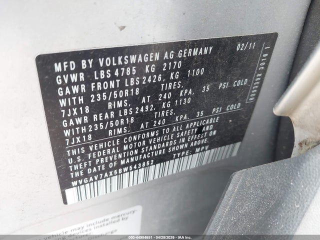 Продаж на аукціоні авто 2011 Volkswagen Tiguan Se, vin: WVGAV7AX5BW543852, номер лоту: 44984651