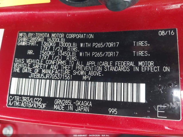 2016 Toyota 4runner Trail Premium მანქანა იყიდება აუქციონზე, vin: JTEBU5JR7G5371561, აუქციონის ნომერი: 44984657