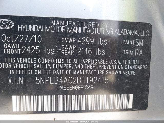 Продаж на аукціоні авто 2011 Hyundai Sonata Gls, vin: 5NPEB4AC2BH192415, номер лоту: 44984669