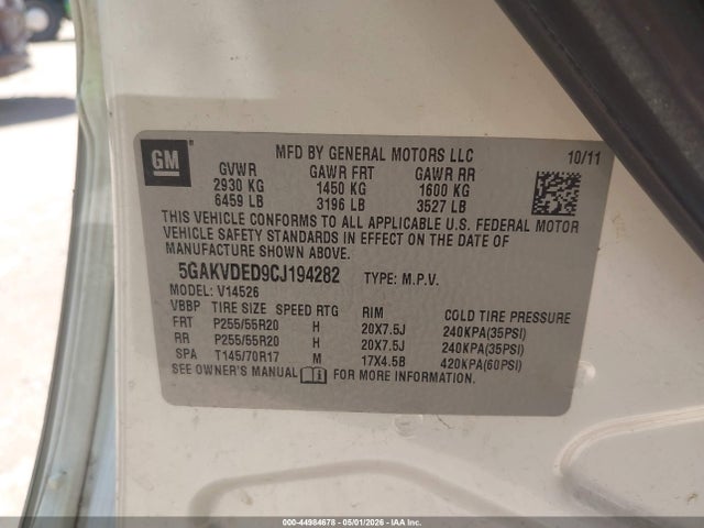 2012 Buick Enclave Premium მანქანა იყიდება აუქციონზე, vin: 5GAKVDED9CJ194282, აუქციონის ნომერი: 44984678