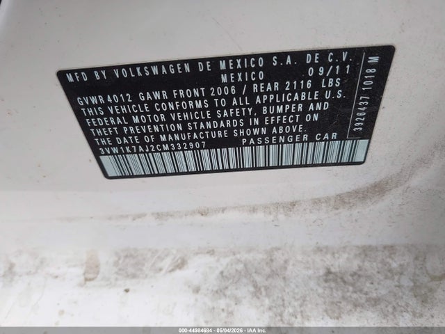 Aukcja sprzedaży 2012 Volkswagen Jetta 2.0l S, vin: 3VW1K7AJ2CM332907, numer aukcji: 44984684