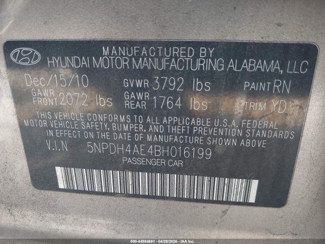 Aukcja sprzedaży 2011 Hyundai Elantra Gls, vin: 5NPDH4AE4BH016199, numer aukcji: 44984691