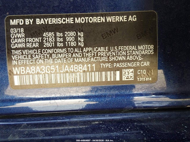2018 Bmw 320i Xdrive მანქანა იყიდება აუქციონზე, vin: WBA8A3C51JA488411, აუქციონის ნომერი: 44984697