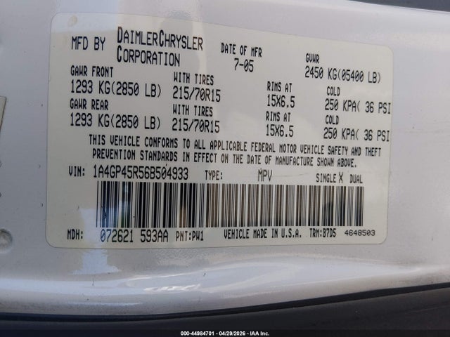 Продаж на аукціоні авто 2006 Chrysler Town & Country, vin: 1A4GP45R56B504933, номер лоту: 44984701