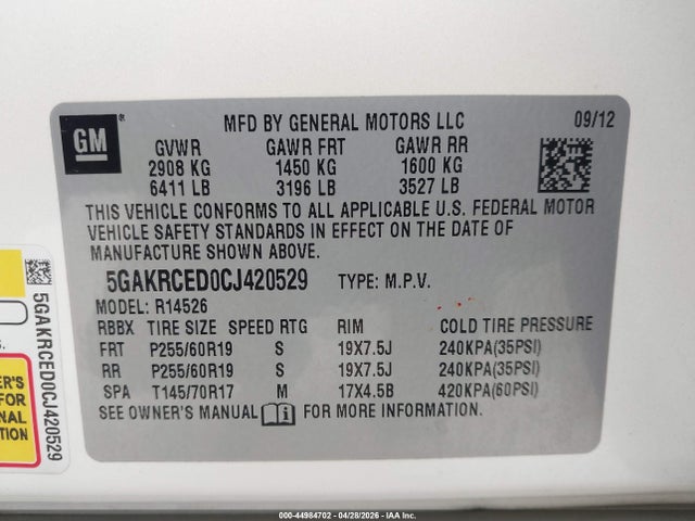 44984702 :رقم المزاد ، 5GAKRCED0CJ420529 vin ، 2012 Buick Enclave Leather مزاد بيع