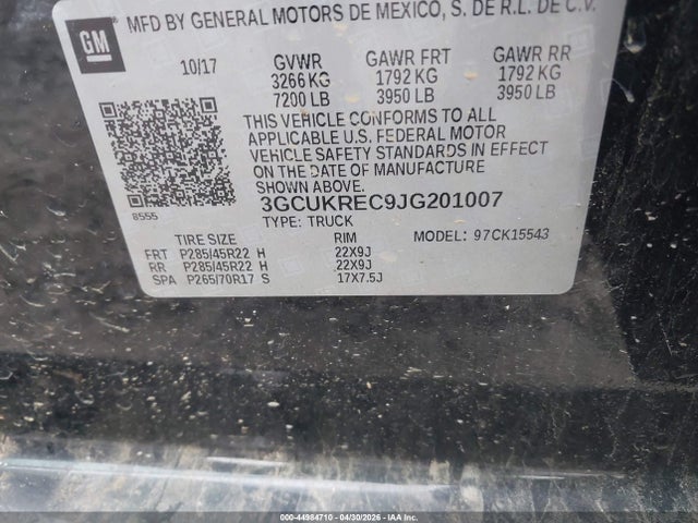Aukcja sprzedaży 2018 Chevrolet Silverado 1500 1lt, vin: 3GCUKREC9JG201007, numer aukcji: 44984710