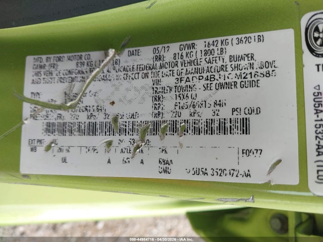 Продажа на аукционе авто 2012 Ford Fiesta Se, vin: 3FADP4BJ1CM218885, номер лота: 44984716