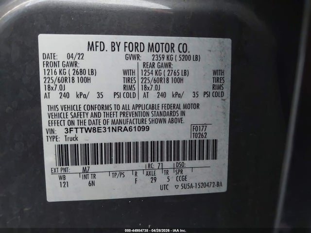 Aukcja sprzedaży 2022 Ford Maverick Lariat, vin: 3FTTW8E31NRA61099, numer aukcji: 44984738