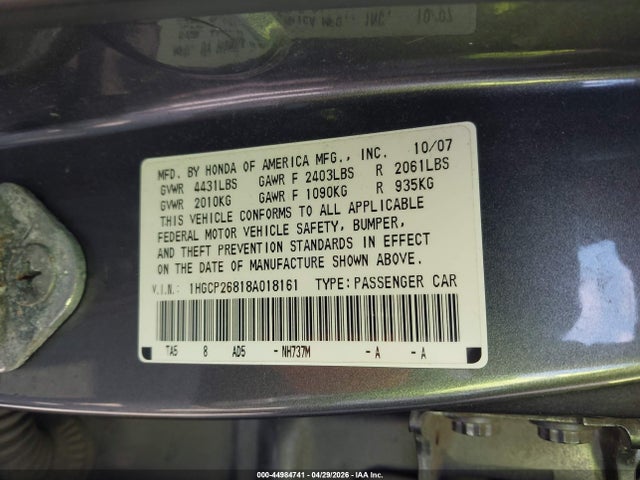 Продаж на аукціоні авто 2008 Honda Accord 2.4 Ex-l, vin: 1HGCP26818A018161, номер лоту: 44984741