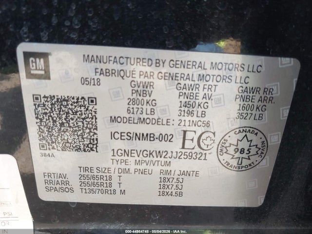 1GNEVGKW2JJ259321 Chevrolet Traverse Lt Cloth