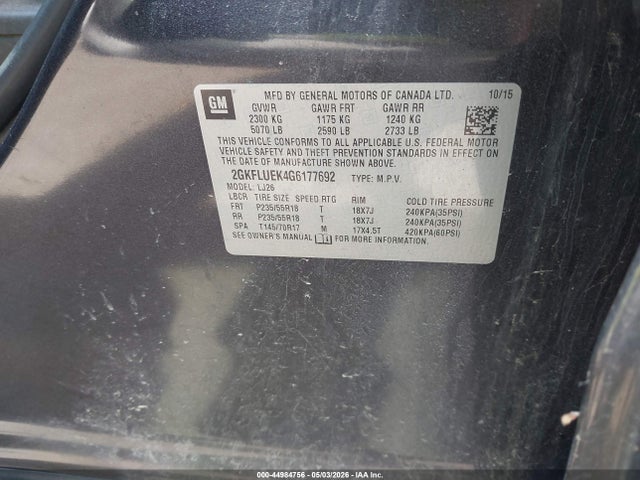 Auction sale of the 2016 Gmc Terrain Slt, vin: 2GKFLUEK4G6177692, lot number: 44984756