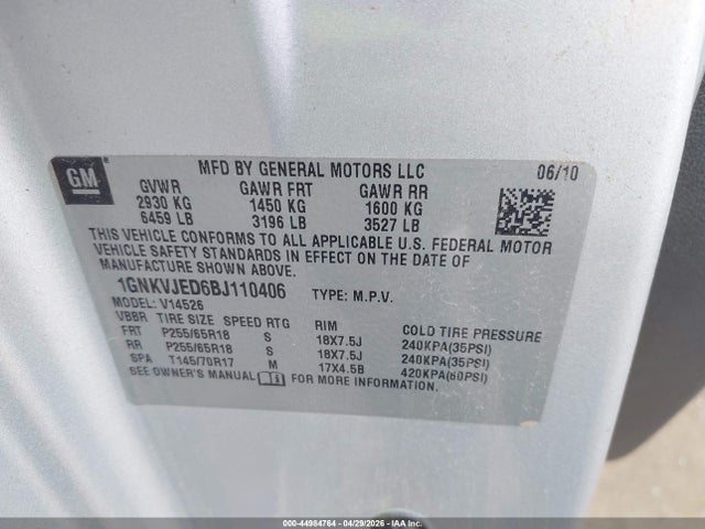 44984764 :رقم المزاد ، 1GNKVJED6BJ110406 vin ، 2011 Chevrolet Traverse 2lt مزاد بيع