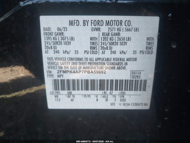 44984772 :رقم المزاد ، 2FMPK4AP7PBA59692 vin ، 2023 Ford Edge St مزاد بيع