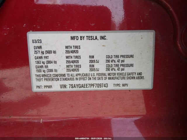 Aukcja sprzedaży 2023 Tesla Model Y Awd/long Range Dual Motor All-wheel Drive, vin: 7SAYGAEE7PF709743, numer aukcji: 44984784