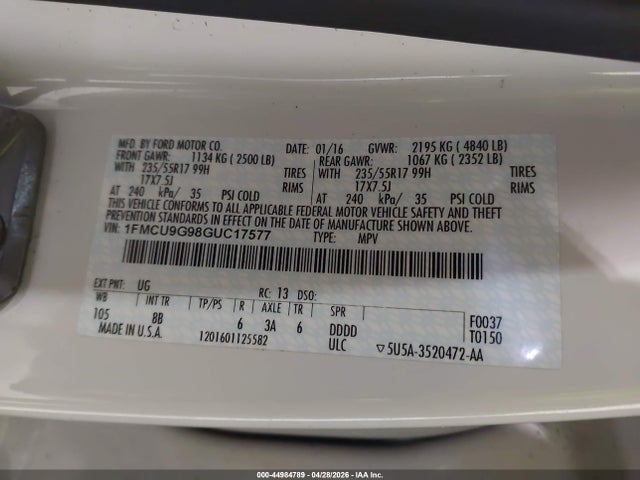 2016 Ford Escape Se მანქანა იყიდება აუქციონზე, vin: 1FMCU9G98GUC17577, აუქციონის ნომერი: 44984789