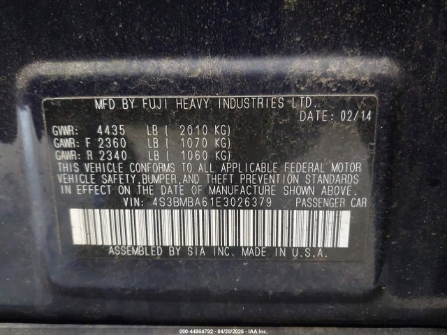 2014 Subaru Legacy 2.5i მანქანა იყიდება აუქციონზე, vin: 4S3BMBA61E3026379, აუქციონის ნომერი: 44984792