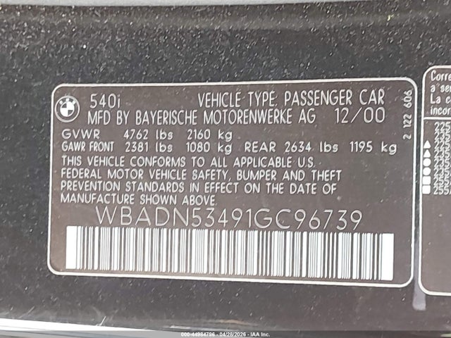 Aukcja sprzedaży 2001 Bmw 540i, vin: WBADN53491GC96739, numer aukcji: 44984796