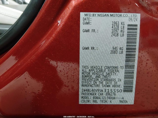 Продаж на аукціоні авто 2025 Nissan Altima Sl Fwd, vin: 1N4BL4EV9SN315550, номер лоту: 44984797