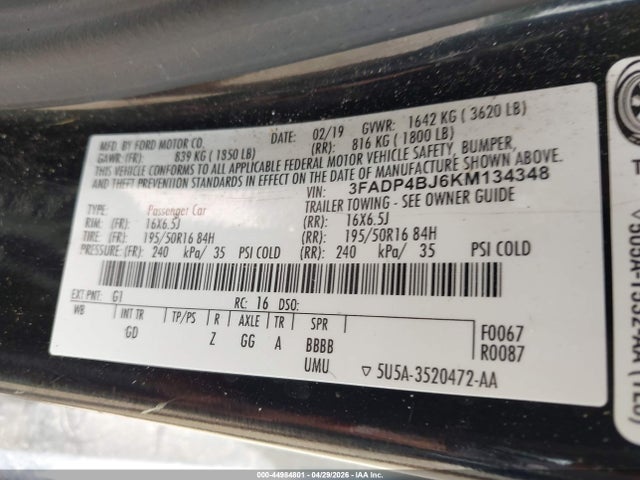 Aukcja sprzedaży 2019 Ford Fiesta Se, vin: 3FADP4BJ6KM134348, numer aukcji: 44984801