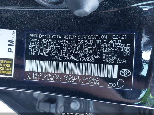 44984810 :رقم المزاد ، JTND4MBE5M3129485 vin ، 2021 Toyota Corolla Se Nightshade Edition مزاد بيع