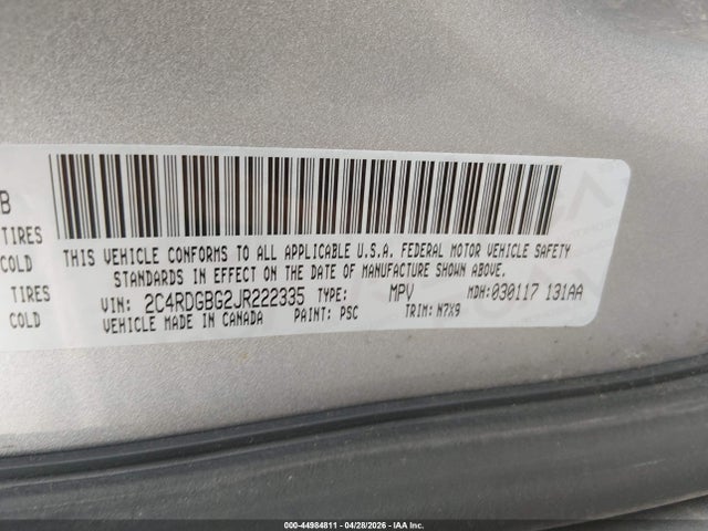 Aukcja sprzedaży 2018 Dodge Grand Caravan Se Plus, vin: 2C4RDGBG2JR222335, numer aukcji: 44984811
