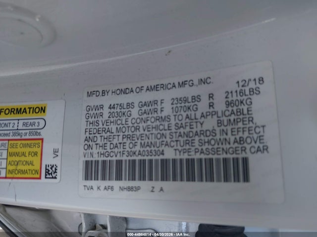 1HGCV1F30KA035304 Honda Accord Sport