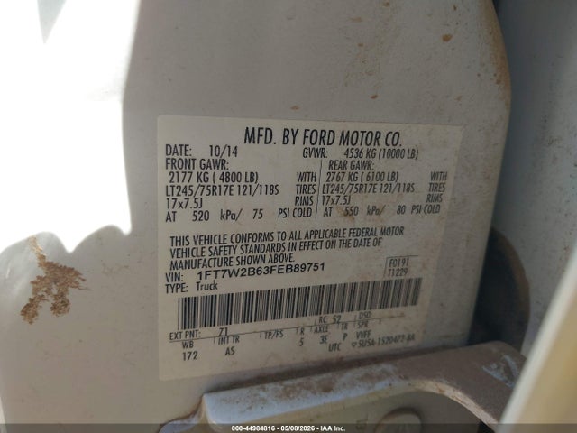 Продаж на аукціоні авто 2015 Ford F-250 Xl, vin: 1FT7W2B63FEB89751, номер лоту: 44984816