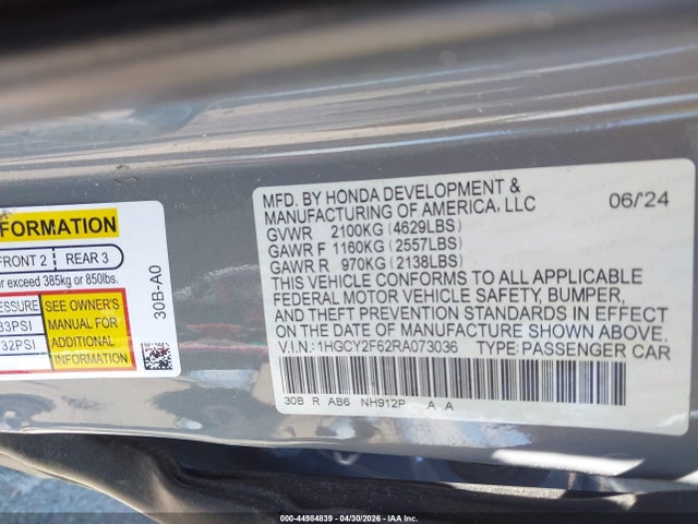 1HGCY2F62RA073036 Honda Accord Hybrid Ex-l