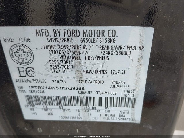 Aukcja sprzedaży 2007 Ford F-150 Fx4/stx/xl/xlt, vin: 1FTRX14W57NA29269, numer aukcji: 44984841