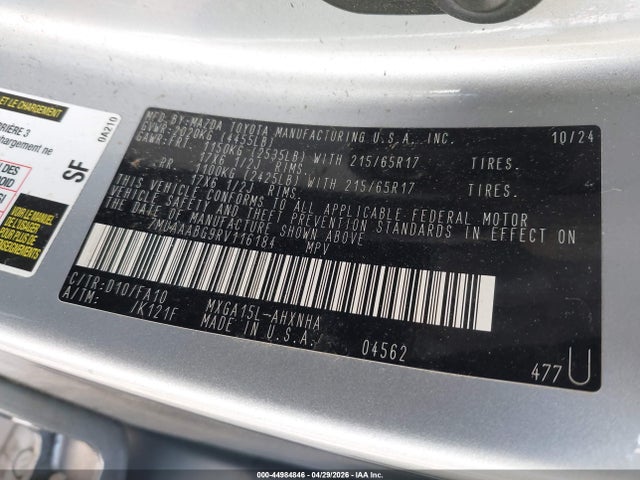 44984846 :رقم المزاد ، 7MUAAABG9RV116184 vin ، 2024 Toyota Corolla Cross L مزاد بيع