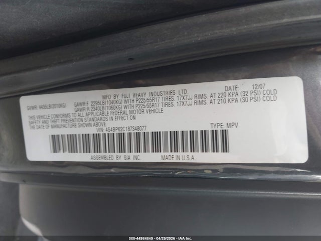 Aukcja sprzedaży 2008 Subaru Outback 2.5i Limited/2.5i Limited L.l. Bean Edition, vin: 4S4BP62C187348077, numer aukcji: 44984849