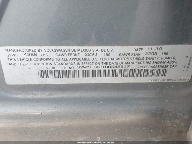 Aukcja sprzedaży 2011 Volkswagen Jetta Sportwagen 2.0l Tdi, vin: 3VWML7AJ1BM648517, numer aukcji: 44984856